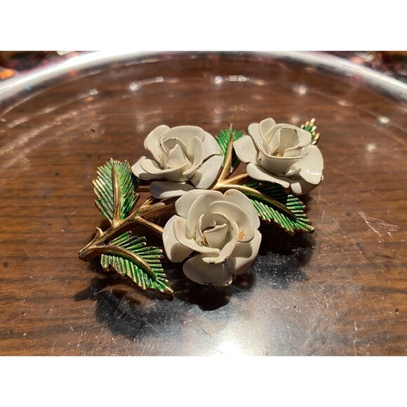 Signed TRIFARI Enamel Flower Brooch | Vintage White Rose and Green Leaf Pin | Co - Picture 3 of 4
